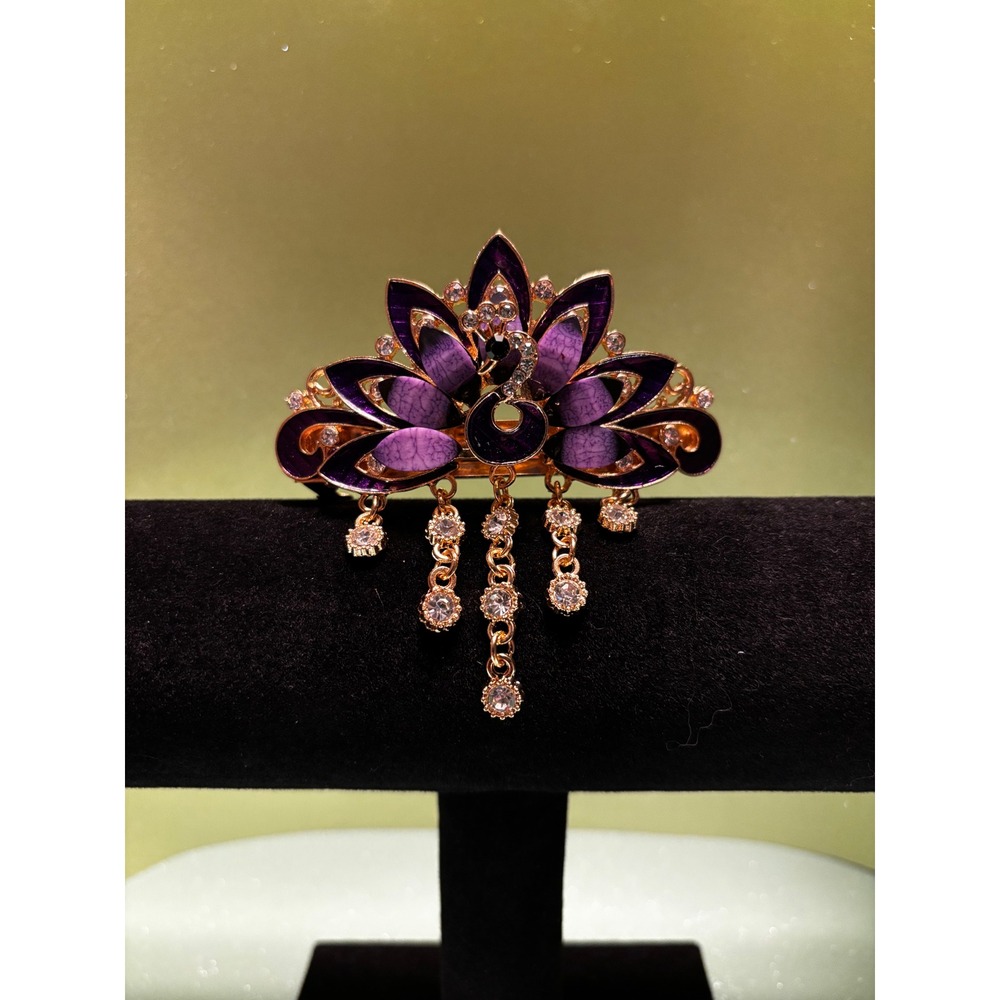 Purple Enamel Peacock Hair Barrette Rose Gold Rhinestone Dangle Crystal Clip